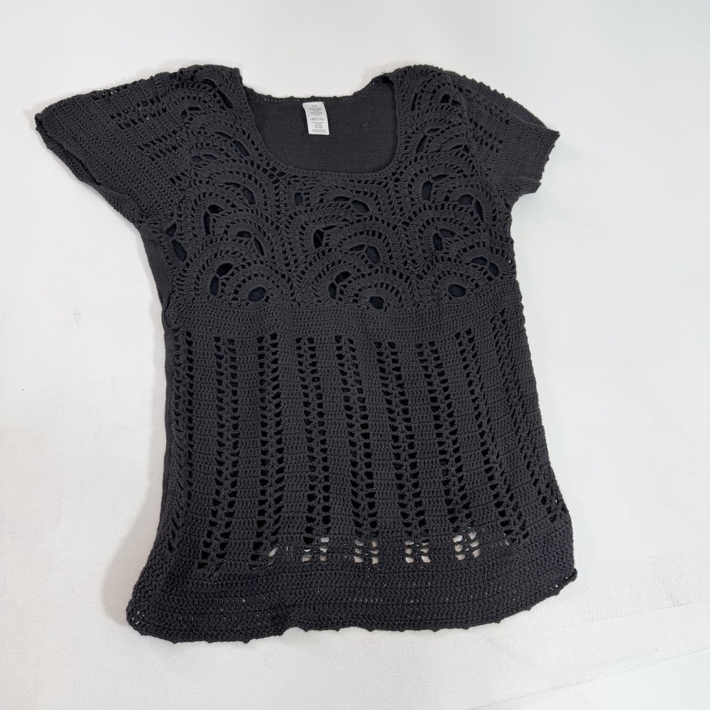 Y2K Crochet Sweater Womens Large Gray Short Sleeve Scoop Neck Open Knit Pullover